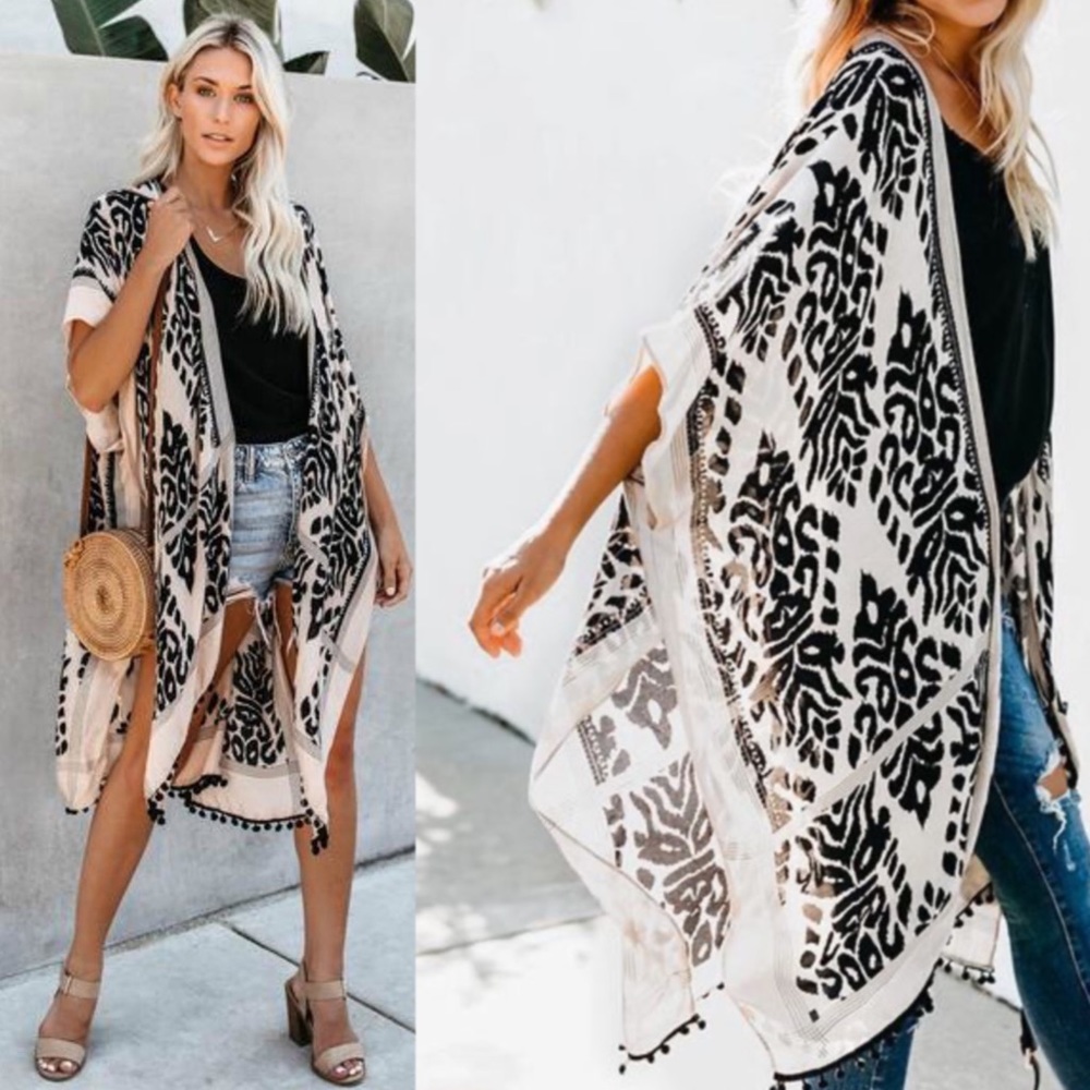 Boho Black Print Kimono, Pom Pom Trim - Picture 4 of 5
